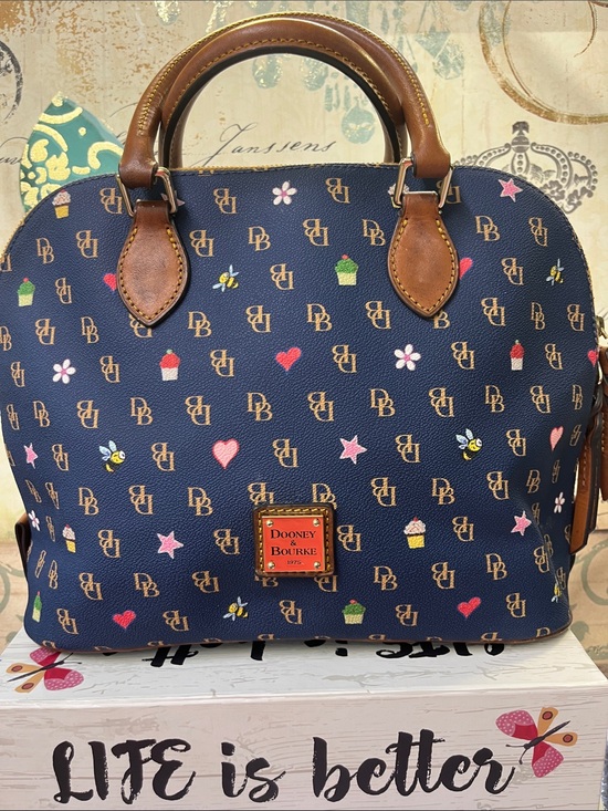 Dooney & Bourke Handbags - Dooney & Bourke Navy Satchel with Brown Trim and Multicolor Motifs